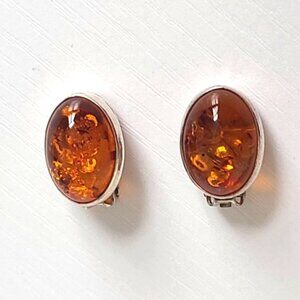 Vintage Chunky Sterling Silver Orange Amber Oval Cabochon Stud Clip On Earrings